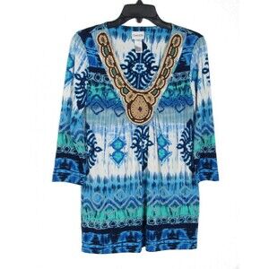 Sz 0 S Chicos V Neck Shirt Top Tunic Blue Green Wooden Wood Beads
